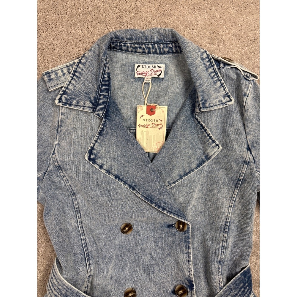 Stoosh Vintage Denim Double Breasted Trench Coat Med Wash Blue V14993 NWT M - Picture 4 of 8